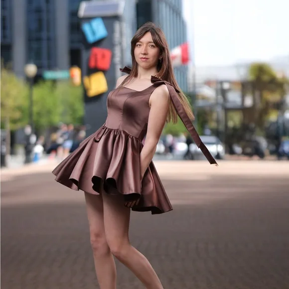 Chic Satin Mini Dress in Deep Brown - Picture 1 of 3